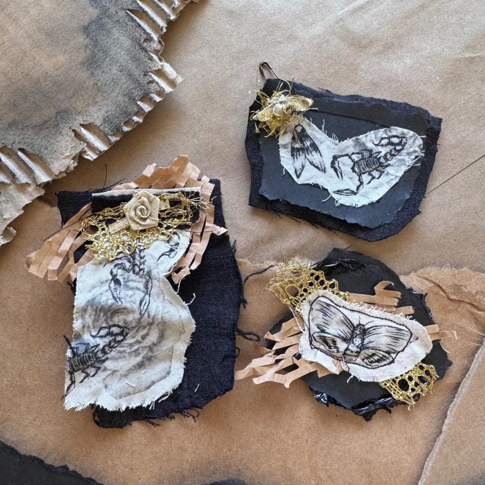 Handmade gothic scrappy tags set of 3 insect black and gold whimsigoth whimsy